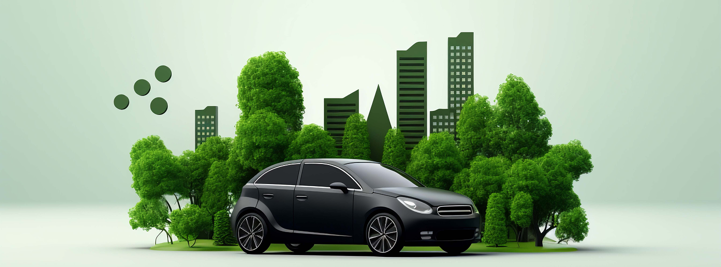 Environmental commitment with electric car and green trees